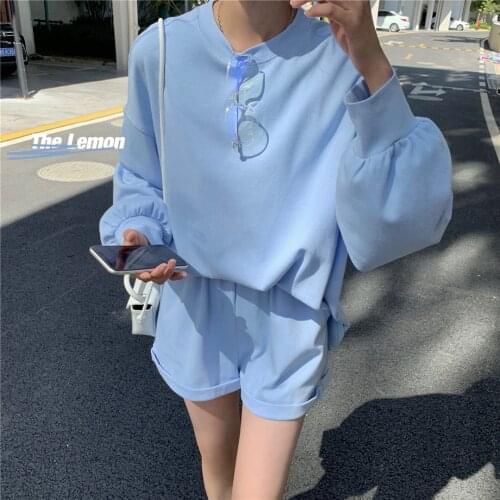 2021 spring new Korean candy color loose long-sleeved t-shirt + casual shorts suit women