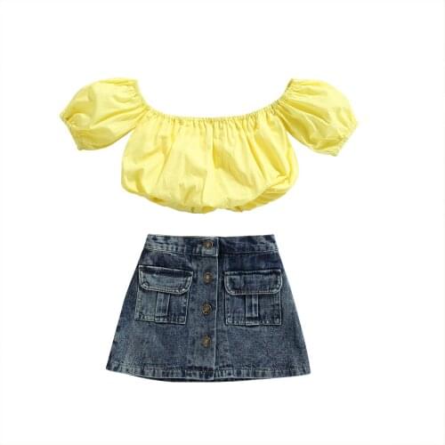 OPPERIAYA 2PCS Toddler Girls Summer Cotton Clothes Short Sleeve Solid Color Off Shoulder Tops Button Denim Skirt Casual Set