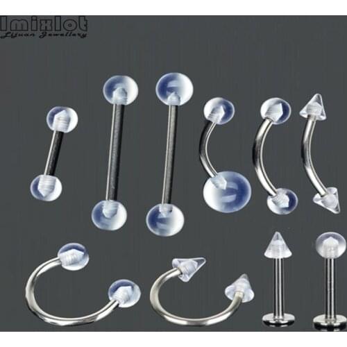 10Pcs Clear Acrylic Ball Punk Bar Lip Ring Stainless Steel Eyebrow Piercing Industrial Piercings Labret Piercing Tragus Piercing