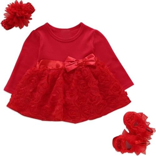 Baby Girls Dress Headband Shoes Set 1st Birthday Dress Baby Girl Ball Gowns Baby Princess Clothes Baby Girls Suits Autumn Bow