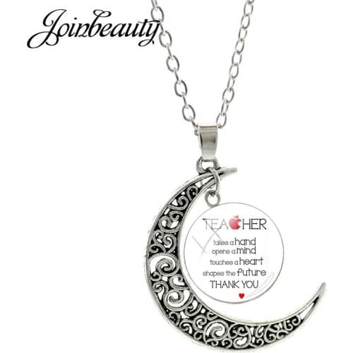 JOINBEAUTY Thank Teacher Hollowing Out Moon Pendant Round Glass Dome Necklace Link Chain Jewelry Fashion Teachers Day Gift CT671