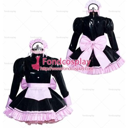 Fondcosplay adult sexy cross dressing sissy maid short French black heavy PVC lockable dress Uniform costume Tailor-made[G3947]