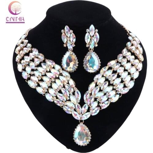 CYNTHIA Luxury Crystal Necklace Earrings Jewelry Sets Indian Bridal Wedding Costume Jewellery Accessories Gifts for Brides Women