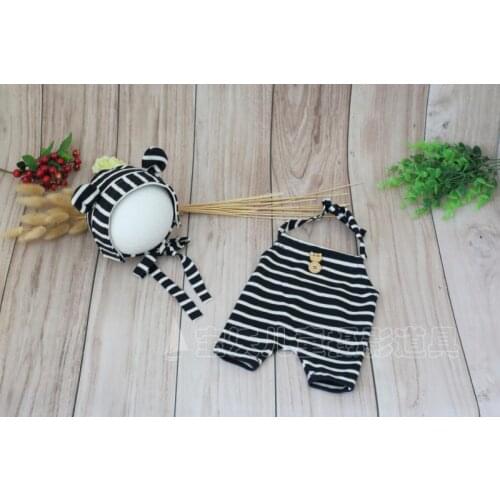 Sewn Striped Newborn Baby Boy Romper and Bonnet Handmade Newborn Bear Bonnet Pant Photography Props