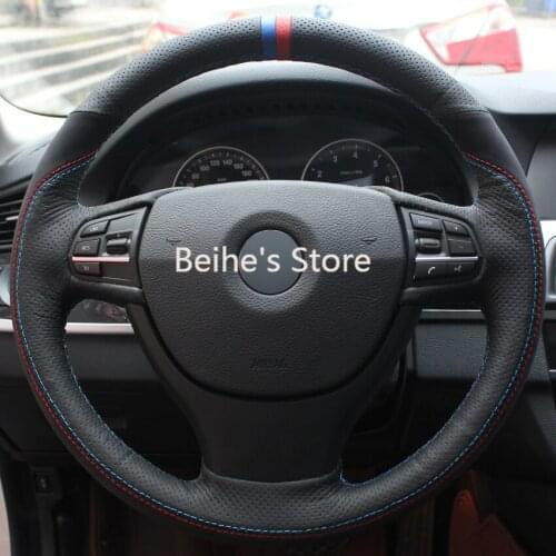 Hand sewing custom Black Leather Black Suede Blue Red Marker Car Steering Wheel Cover for BMW F10 523Li 525Li 2009