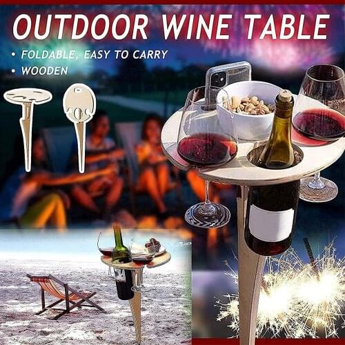 Outdoor Wine Table Mini Wooden Beach Table with Foldable Round Desktop Picnic Easy Carry Wine Rack