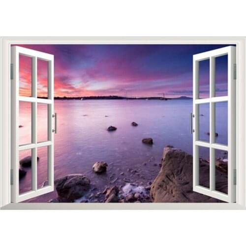 Sea view 3d fake window art vinyl mural go beach to see sunrise sunset wall stickers home decoration landscape wallpaper 70*50cm