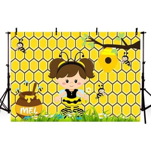 Vinyl Background Photography Yellow Sunflowers Cute Bee Honey Background Baby Shower Photo Studio Backdrop