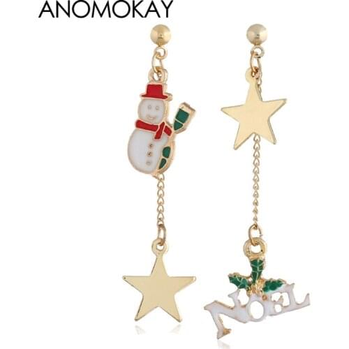 2019 New Year Xmas Tree Snowman Elk Asymmetry Enamel Earrings Star Charm Brincos for Women Girl Christmas Jewelry Earring Gift