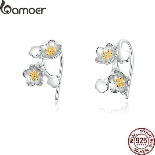 Bamoer Silver 925 Sakura Floral Branch Tiny Earrings for Women Sterling Silver 925 Vivid 3D Flower Fine Bijoux Orecchini SCE778