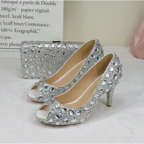 BaoYaFang silver crystal Women wedding shoes with matching bags Open Toe Ladies Party Dress high heels shoes Big size 34-43