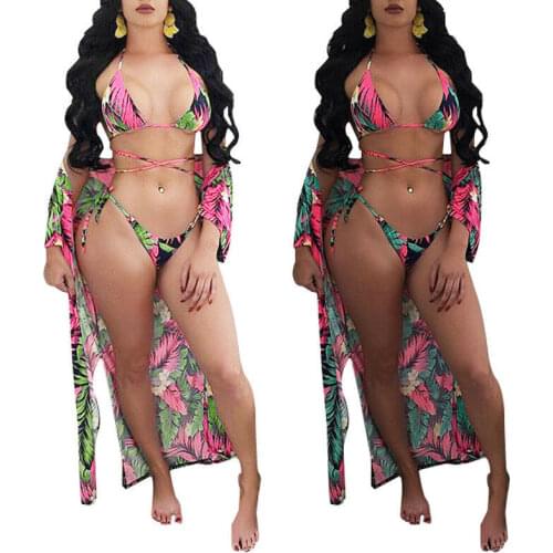 Women sexy floral summer beach bikini swimsuit swimwear with cover up 3pc