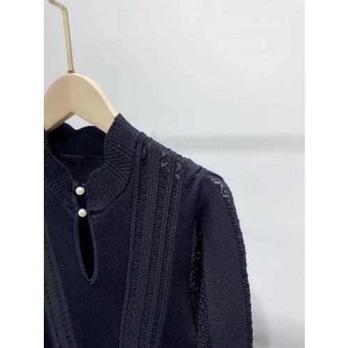 Women Black Knit Dress Hollow Out Long Sleeve Pearl Buttons High Waist 2021 Autumn Winter Female Elegant Slim Mini Robes