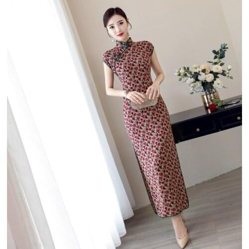 Womens Elegant China Traditional Cheongsam Long Dress Vintage Black Summer Casual Female Clothing Qipao Party Floral Dresses