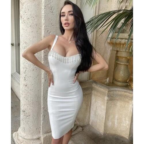 Women Sexy Sleeveless White Black Crystal Diamonds Tassel Mini Bodycon Bandage Dress 2021 Elegant Evening Party Dress Vestidos