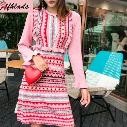 Autumn Patchwork Long Sleeve Women Vintage Dress Geometric Stripped Print Ruffles Round Neck Casual Knitted Dress Vestidoes