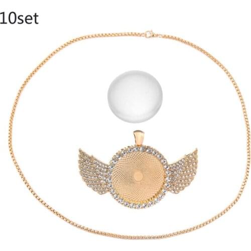 10Pcs Round Rhinestone Bezel Cabochon Trays Wing Photo Pendant Jewelry Making T4MD