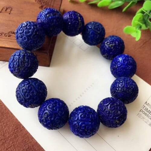 20mm Genuine Royal Blue Natural Lapis Lazuli Gemstone Crystal Stretch Round Bead Bracelet Big Beads Craved AAAAA