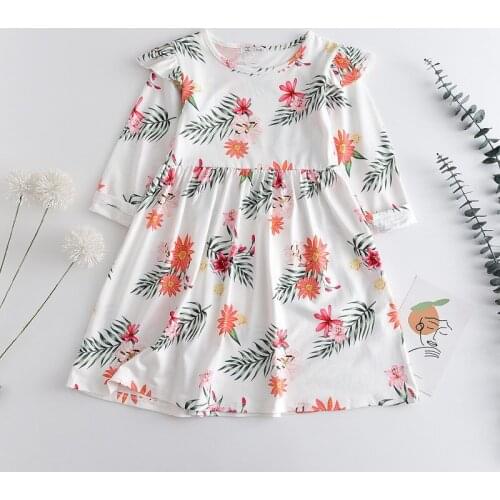27kids Baby Girls Costumes New Fashion Cartoon Flowers Round neck Dresses Long sleeve skirt Chidlren Casual Clothing Cute 3-7Y