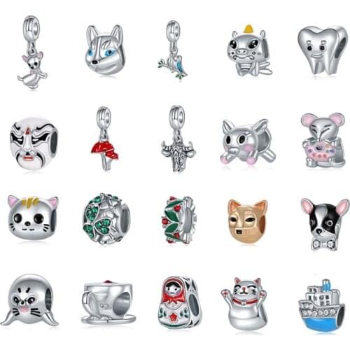 5PCS Wholesale Enamel Cat Wolf Dog Mushroom Steamship Cow Tooth Pendant Fit Charm Bracelets DIY Women Animal Jewelry Accessories