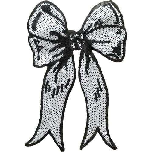 Large White Sequins Bowknot Bow Sew on Patches for Clothes T-shirt Sew on Beaded Sequined Embroidery Applique Patch Sewing DIY