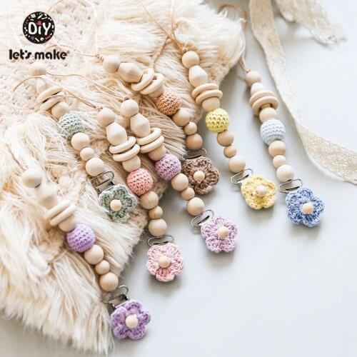 Lets Make 1pc Wooden Teether Crochet Flower Wood Beads Pacfier Clips Baby Teether Pacifier Holder Dummpy Chain Toys For Kids