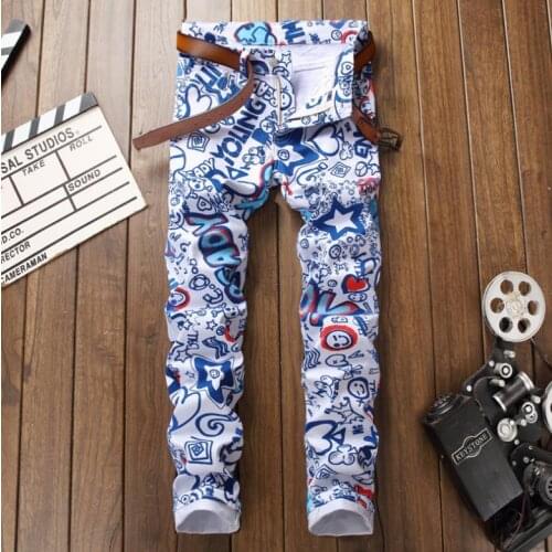 Mens 3D Elastic Digital Print Skinny White Stretch Jeans High Quality Painted Designer Nightclubs Singers Pants