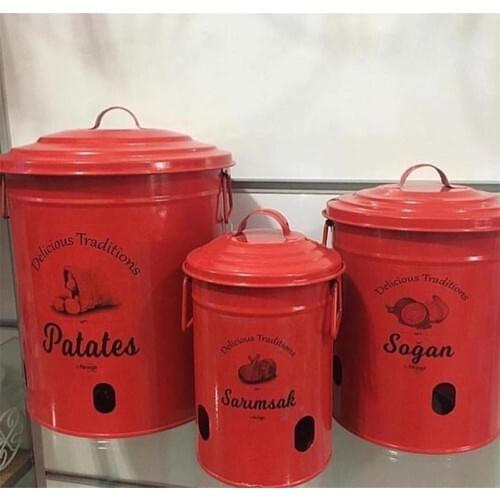 Evvehediyelikeşya 3'lü Red Metal Potato Onion Garlic Storage Bucket Crisper