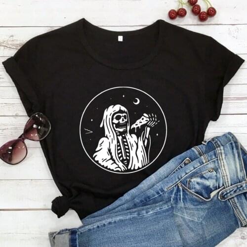 Grim Reaper Eating Pizza T-shirt Aesthetic Women Short Sleeve Gothic Skeleton Top Tee Shirt Spooky Halloween Party Tshirt