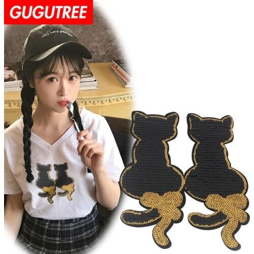 GUGUTREE embroidery Sequins big cats animal patches badges applique patches for clothing YYX-19121063