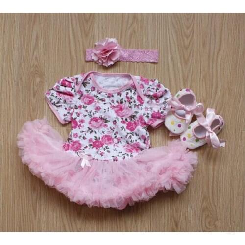 2020 Newborn Newborn Baby Girl Rompers Lace Dresses Rose Flower Jumpsuit+Shoes+Headband Outfits 3pcs Clothes Sets Babe Clothing