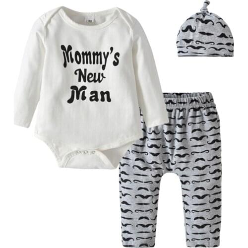 3Pcs Mommys New Man Print Newborn Baby Boy Clothes Infant Long Sleeved Bodysuits+Moustache Print Pant+Hat Autumn Clothing Set