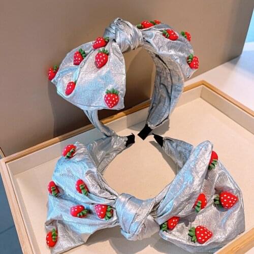 Korea Dongdaemun Shopping Spring/Summer New Texture Silver Grey Leather Big Bow Strawberry Cute Hairpin Headband