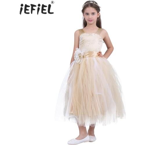 Summer Girls Dress Floral Lace Mesh Spliced Kids Clothes Tutu Dress Pageant Wedding Party Ribbon Crossed Back Girls Dress