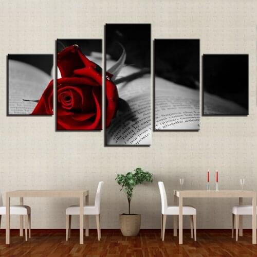 Canvas Art Modular HD Prints Flowers Poster 5 Pieces Red Rose And Book Painting Living Room Home Decor Framework