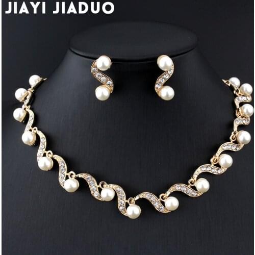 Jiayijiaduo African Bridal Gold-color Jewelry Sets Imitation Pearl Women Necklace Earring Set Wedding Gift Party Dropshipping