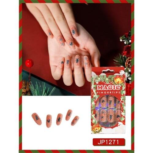24pcs Christmas Theme Fake Nails Snowflakes Printed DIY Slider Glue Type Removable Long Paragraph Fashion Full Cover Manicure