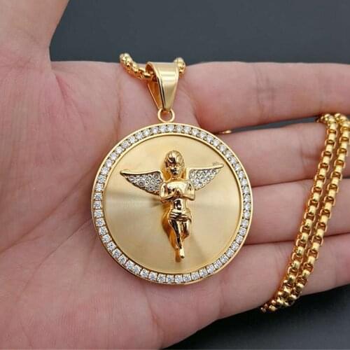 Hip Hop Iced Out Angel Wings Pendant Necklace For Women Men Gold Color Stainless Steel Round Necklace Bling Jewelry