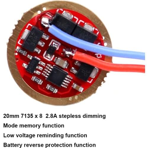 20mm Stepless dimming AMC7135x8 2.8A Driver circuit board with mode memory for XHP50.2 T6 L2 XPL SST40 18650 LED flashlight DIY