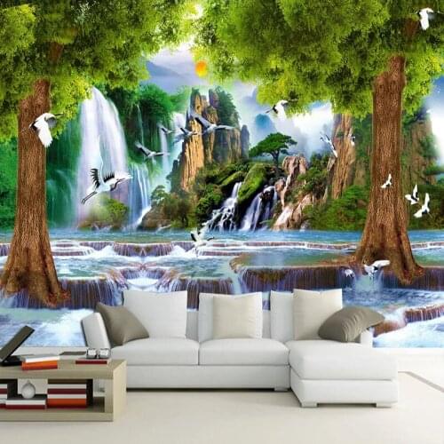 Custom Mural Wallpaper 3D Stereo Tree Forest Waterfall Scenery Fresco Living Room TV Sofa Home Decor Background Wall Painting 3D