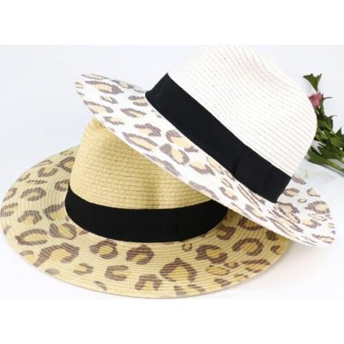 Classics Women And Men Summer Outdoor Travel Sunscreen Fedora Straw Hat Leopard Printing Vintage Jazz Wide Brim Straw Hat