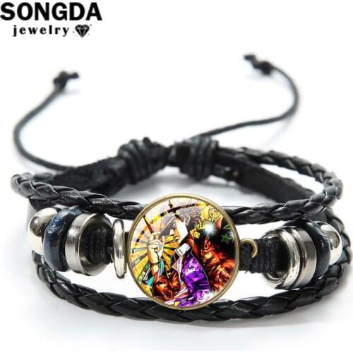 SONGDA Hot Anime JoJos Bizarre Adventure Bracelet Cosplay Cartoon Figure Multilayer Wrap Leather Bracelet Glass Cabochon Jewelry