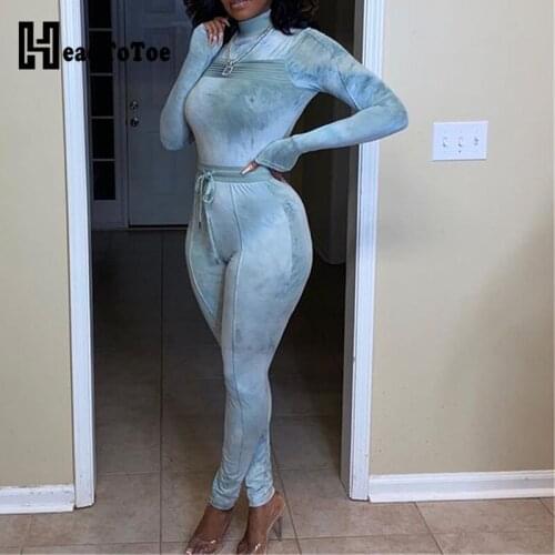 Tie Dye Print Drawstring Casual Fashion Two Piece Outfits Woman Full Sleeve Round Neck Skinny Slim 2 Piece Set Women