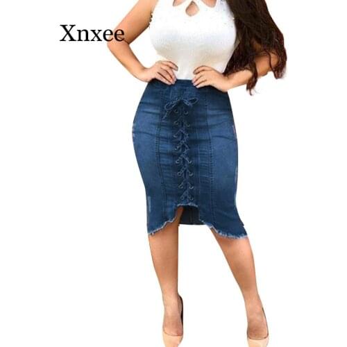 Women Plus Size Denim Skirt Elegant Women Sexy Ripped Destroyed Bodycon Street Style Lace Slim Jeans Women Pencil Skirt