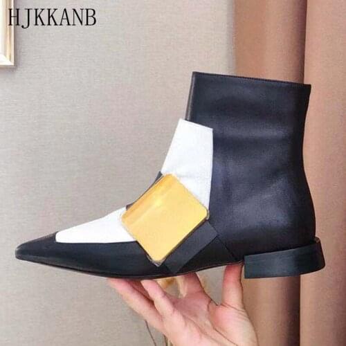 High Quality Pointed Toe Chelsea Boots Women Black White Patchwork British Style Flat Ankle Boots Metal Decor Short Boots Lady