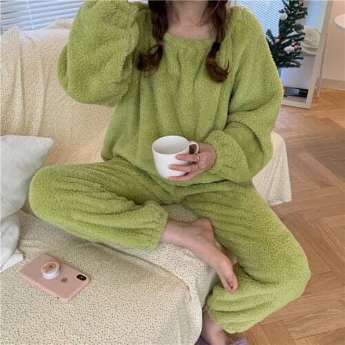 Women Pajama Sets Plus Size 3XL Long Sleeve Top and Pants Coral Fleece Warm Sleepwear Home Soft Females Pyjamas Lovely Leisure
