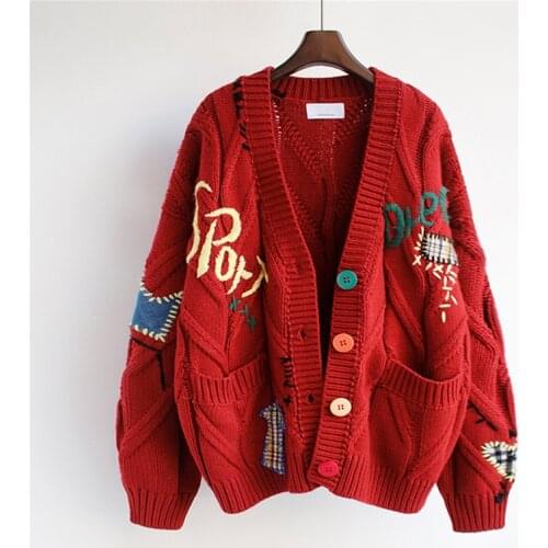 Autumn Winter Thick Cartoon Print V neck Cardigan Women loose jackets oversized Elegant Embroidered knitted chic Streetwear coat