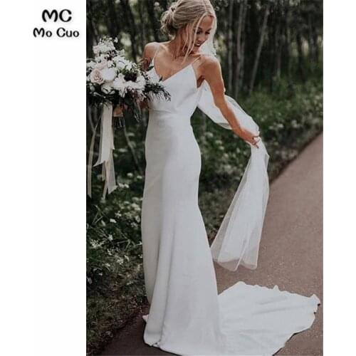 New Womens Mermaid Wedding Dresses Spaghetti Straps V-Neck Satin Vestidos de novia Bridal Dress Wedding Gown