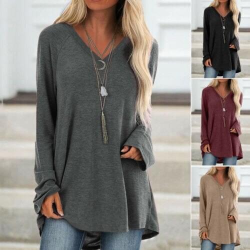 Women Long Sleeve V-Neck Loose Solid Color Basic Classic Jumper Tops Plus Size