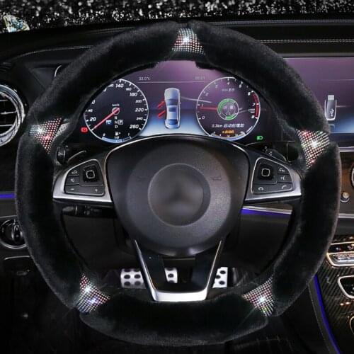 Winter Plush Steering Wheel Cover Rhinestone Crystal Fur Steering Wheel Covers Interior Car Accessories For Women